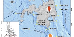 Past tsunamigenic earthquakes around Mindanao Island, Philippines. The focal mechanisms for the 2023 magnitude-6.8 offshore Davao Occidental Earthquake and the 2023 magnitude-7.4 offshore Surigao del Sur Earthquake are shown. Credit: DOST-PHIVOLCS